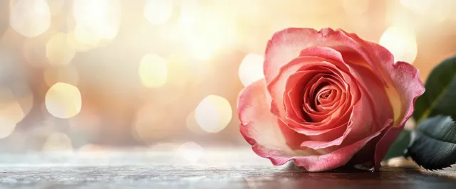A soft-focus pink rose with green leaves sits under warm morning light and blurred bokeh on a light background.