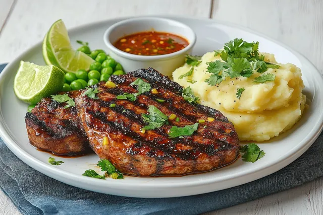 Grilled steak with mashed potatoes, green peas, lime wedges, and spicy dipping sauce on white plate with Farm To Table Feel