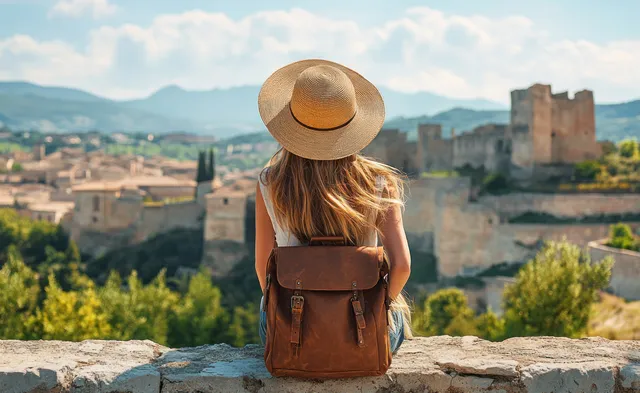 Woman in a hat sits on a stone wall overlooking an ancient fortress and green hills.