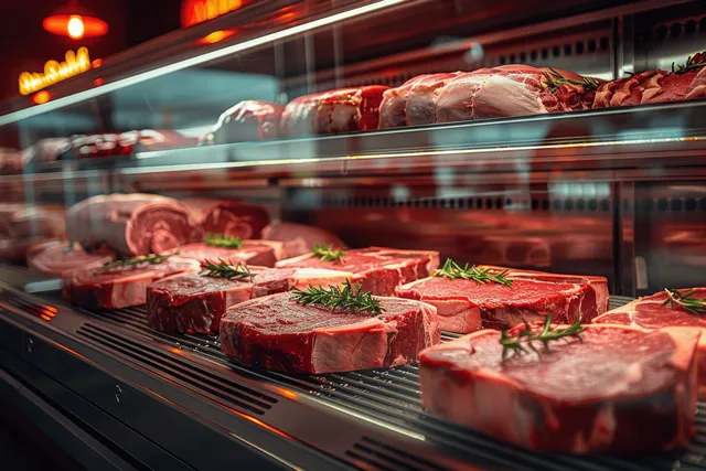 Assorted raw beef steaks arranged in a supermarket display case with warm lights and glass reflections.