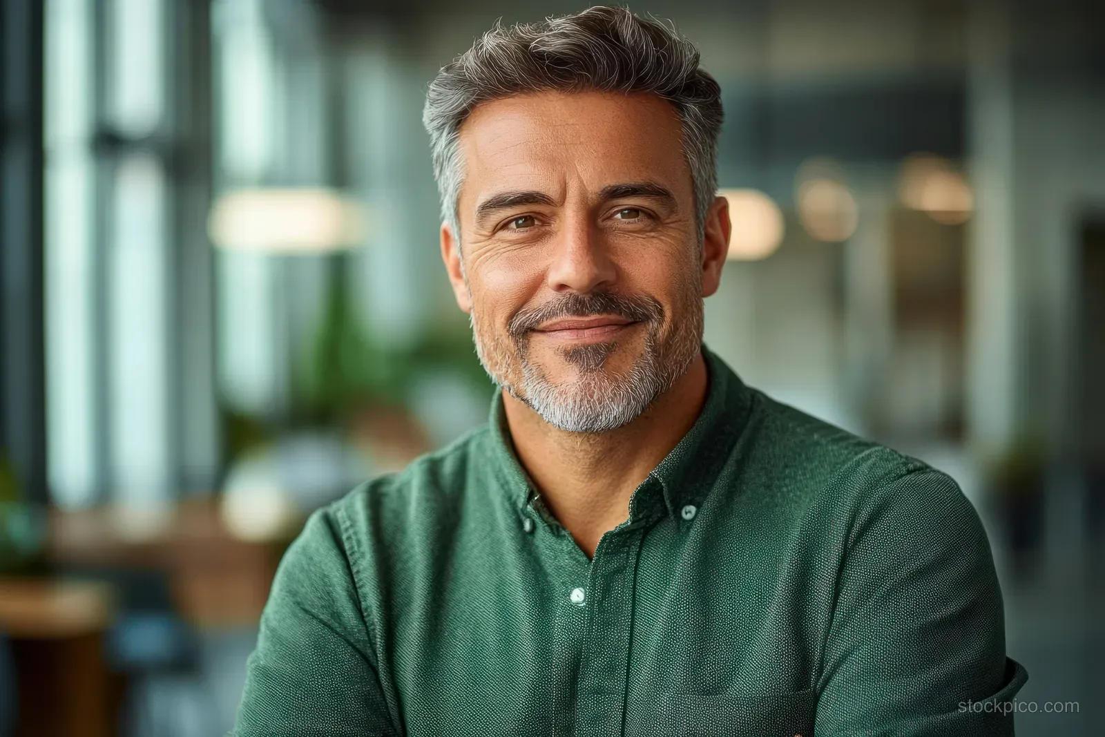 A smiling middle-aged banker in a green shirt sits in a modern office with large windows behind him.