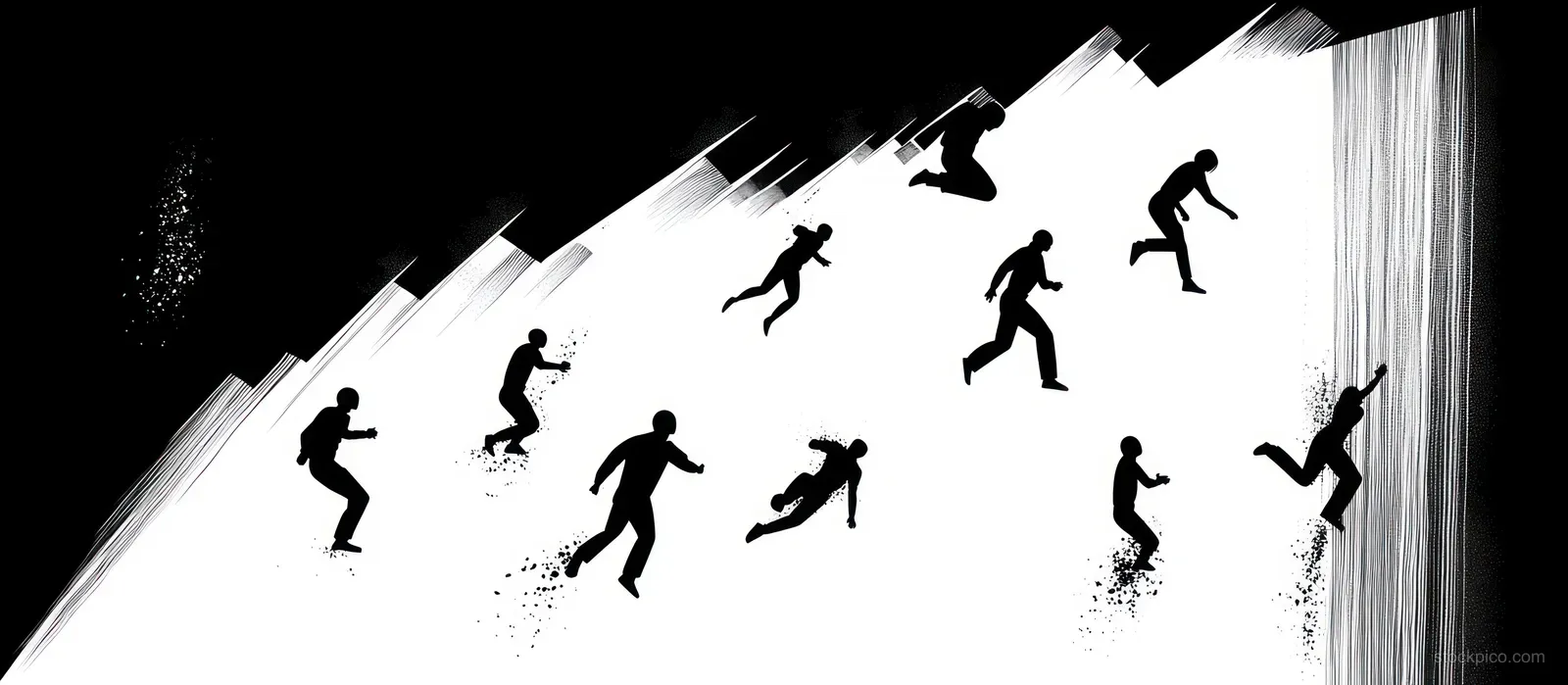 Black silhouette athlete figures run and leap across a diagonal high-contrast black and white abstract background.