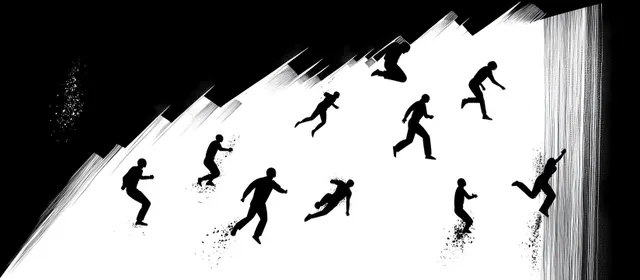 Silhouette athlete running and leaping in sequence across high-contrast black and white abstract backdrop