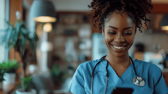 Smiling African American nurse holding smartphone while seated in a hospital office