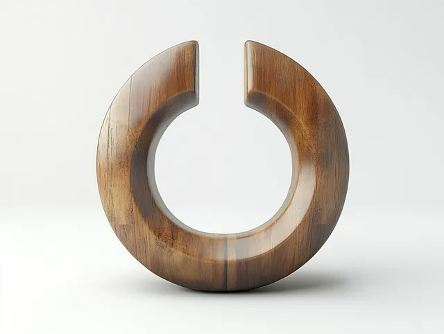 Wooden power symbol sculpture on white background with visible grain texture