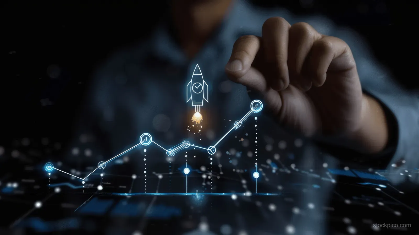 A businessman’s hand touches a glowing rocket icon on a futuristic digital growth chart.