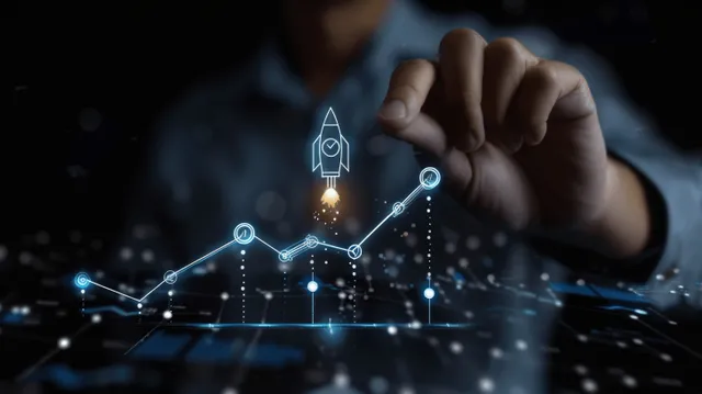 Businessman taps glowing virtual rocket icon on digital growth chart with Business Strategy