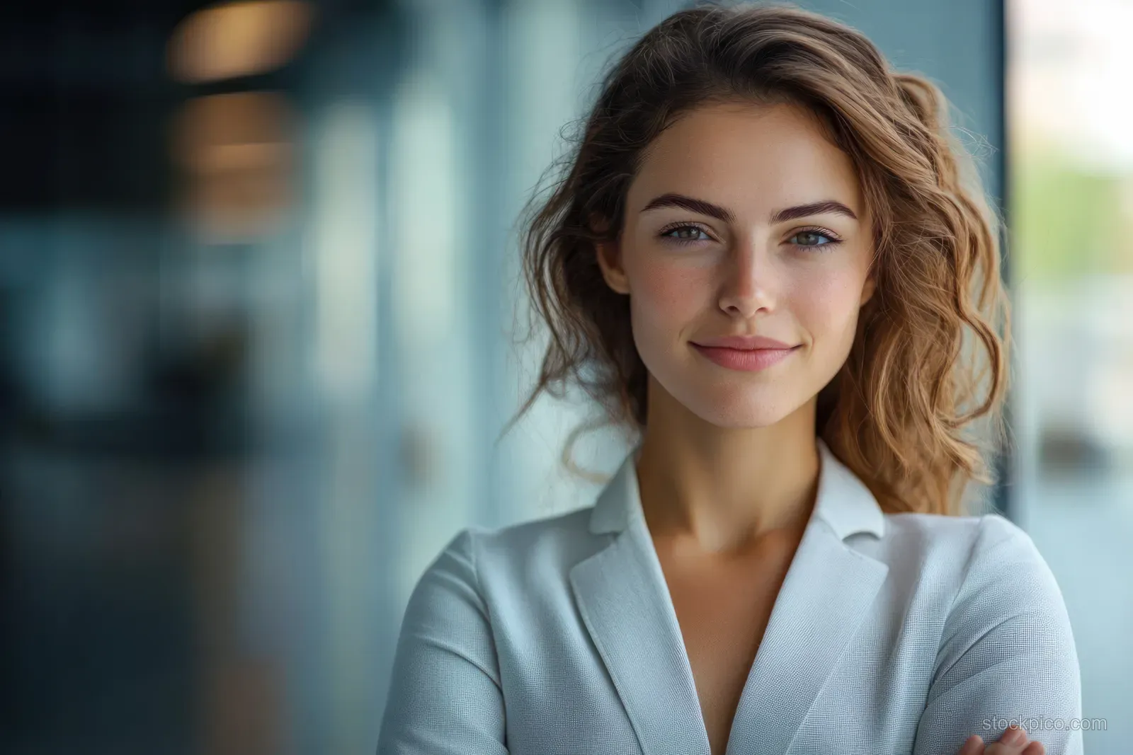A businesswoman with curly hair stands in a modern office with arms crossed, wearing a light blue blazer.