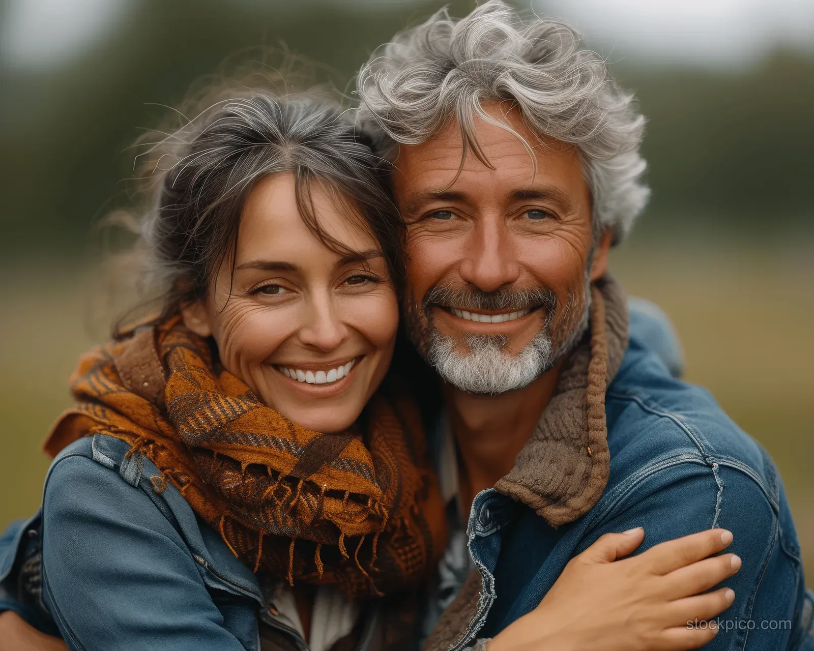 A smiling senior couple hugs outdoors in a sunlit park with a softly blurred green background.