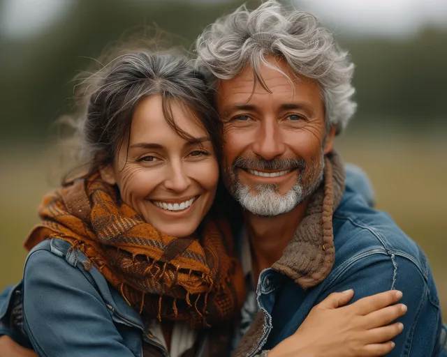 Smiling senior couple hugging outdoors in a sunlit park with soft green background
