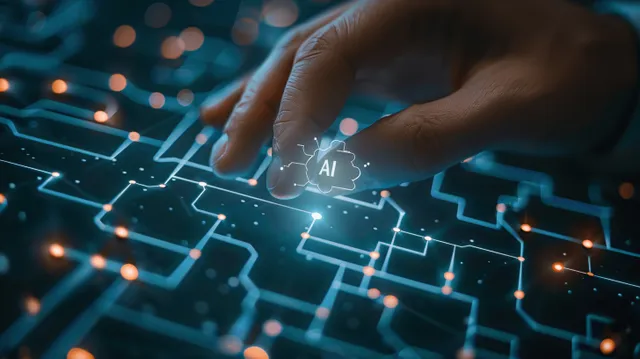 A hand touches a glowing AI icon on a neon blue digital network screen with circuit lines.