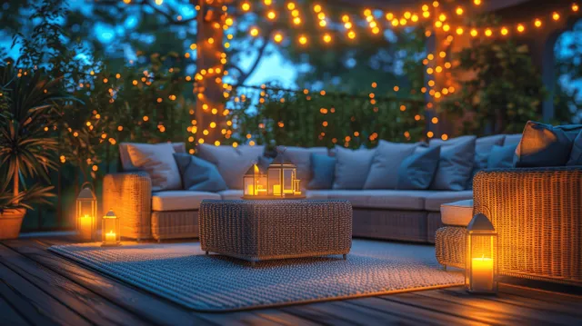 Wicker patio sofas arranged on a rug at night, lit by lanterns and string lights.