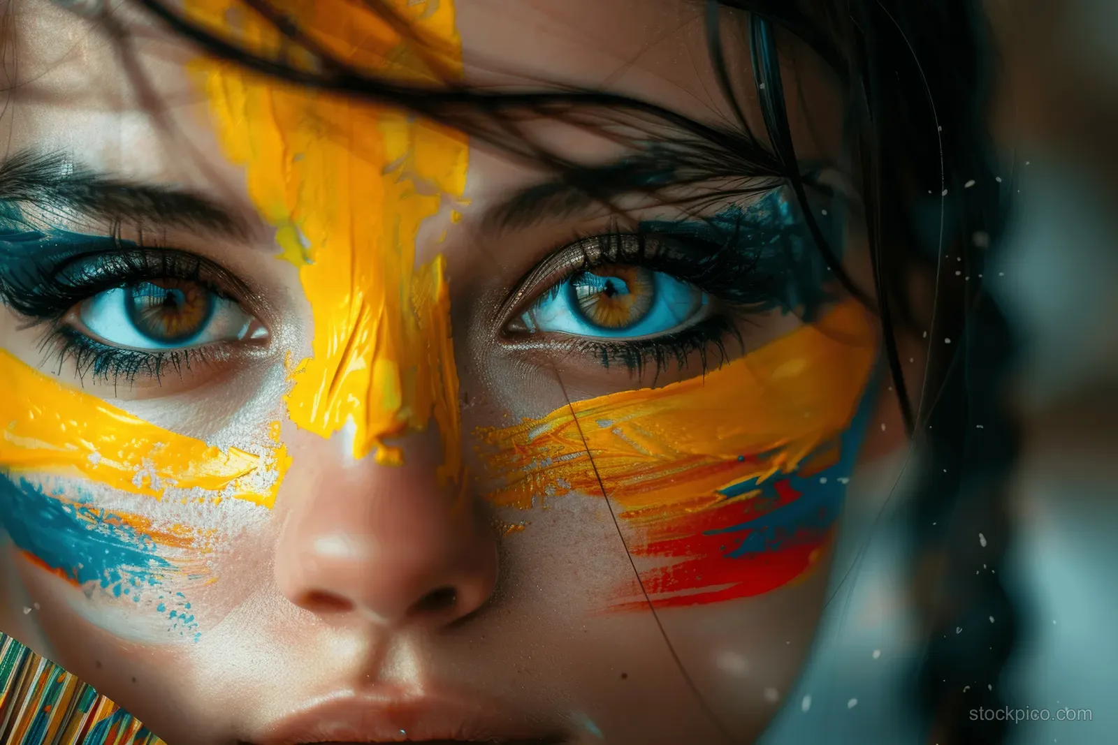 German soccer fan girl with painted face in yellow, red, and blue cheering while holding a flag-colored fan.