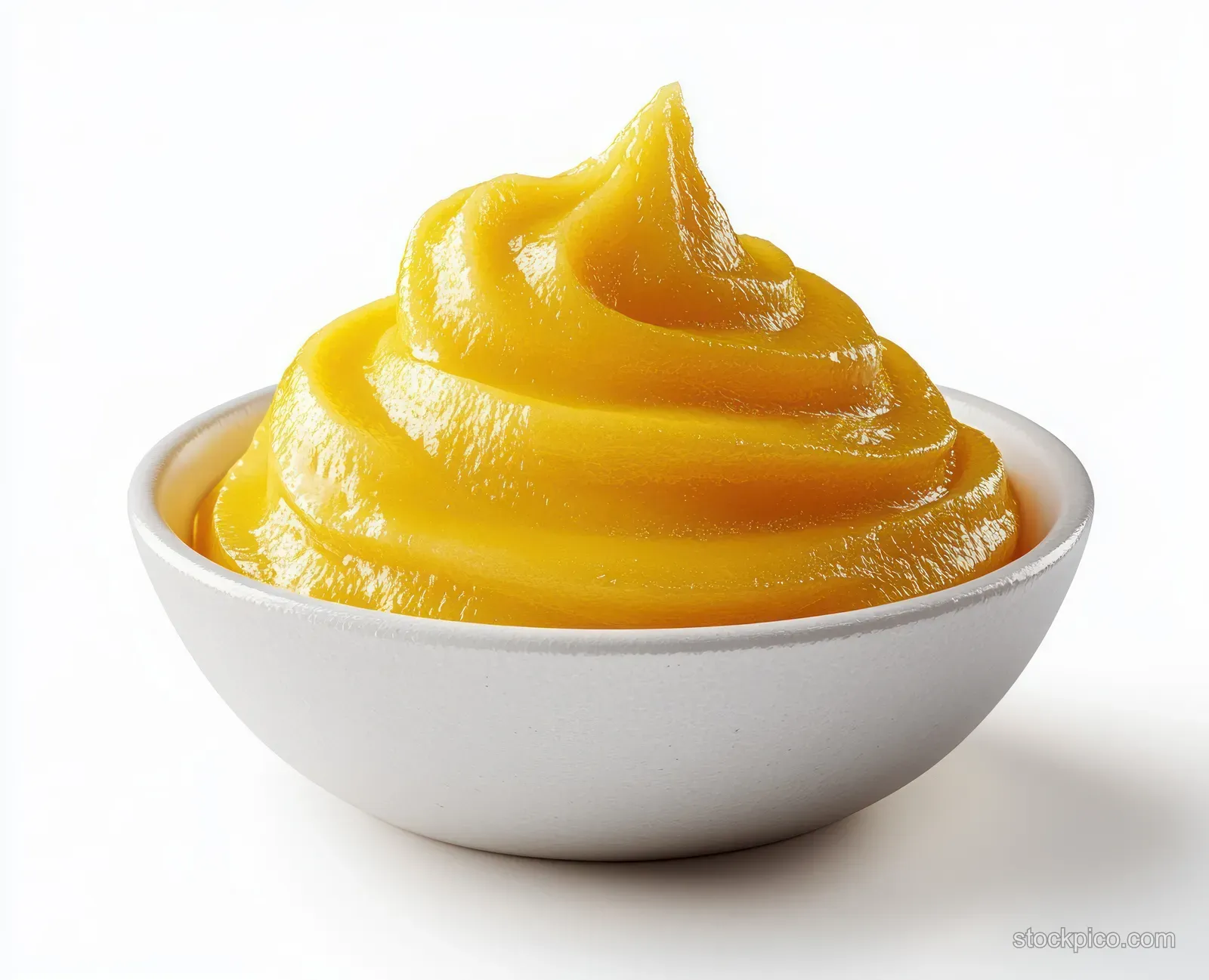 A small white bowl filled with glossy creamy yellow mustard sauce on a plain white background.