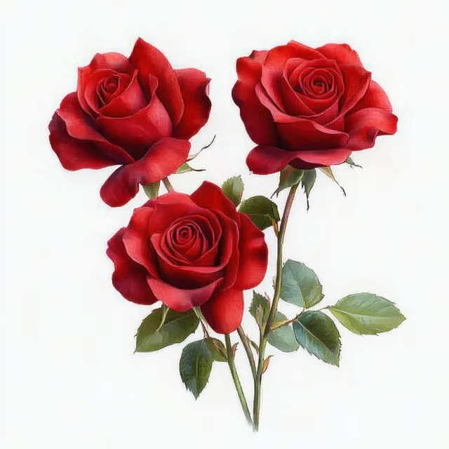 Three red roses bouquet with green leaves on clean light background