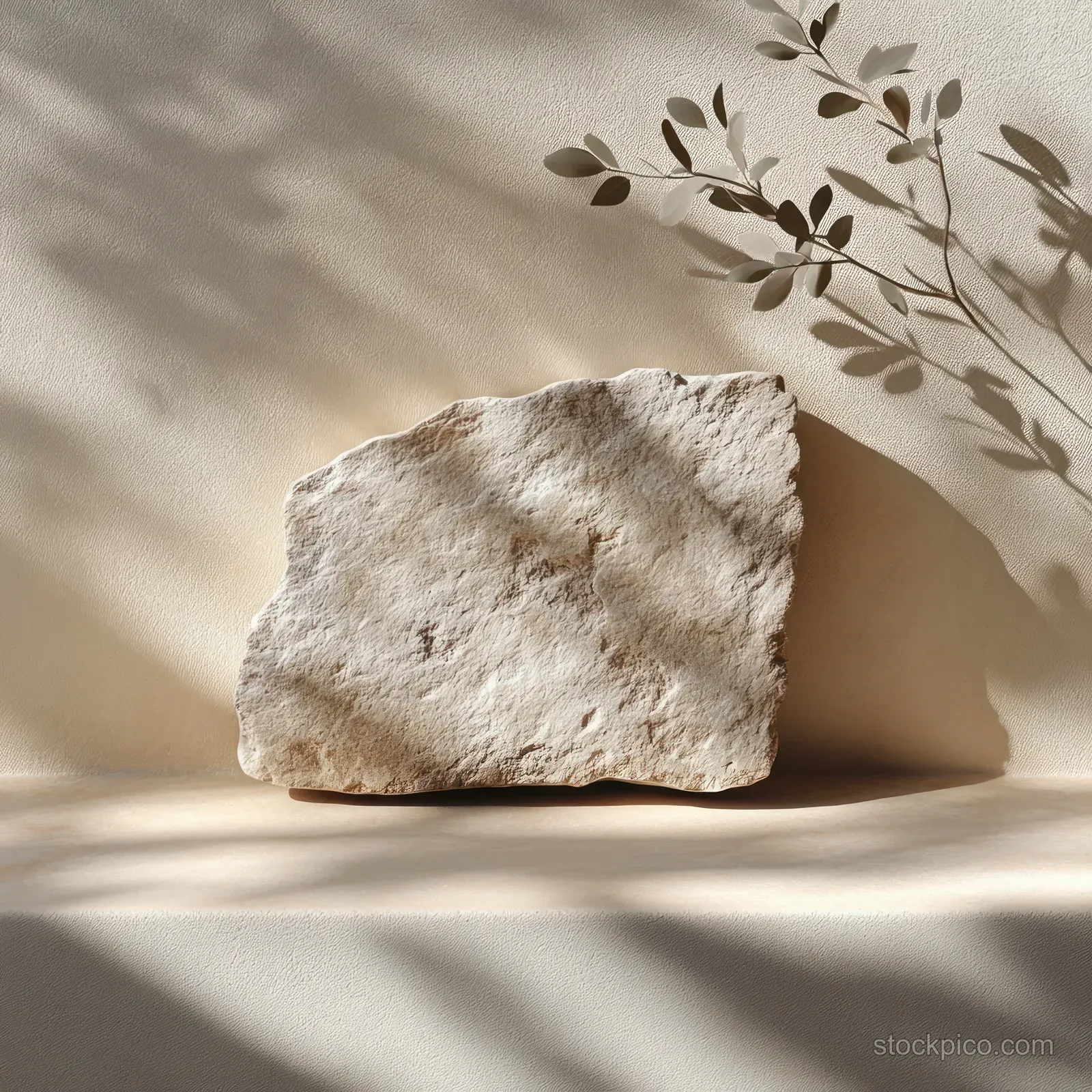 Textured stone block placed on beige background with tropical leaf shadow patterns in soft natural light.