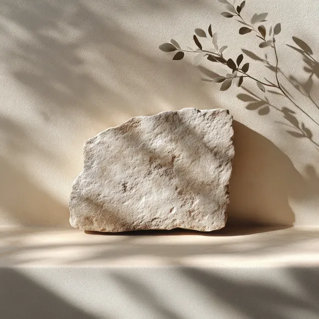 Textured stone block with tropical leaf shadows on beige wall, soft natural light