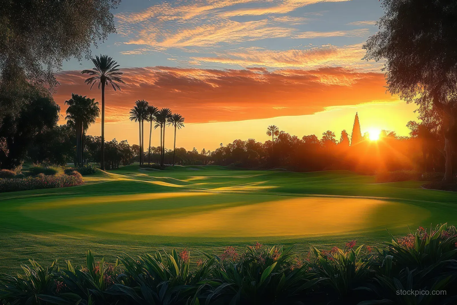 Sunset-lit golf fairway with lush green grass, palm trees, and flowers casting long shadows under an orange sky.