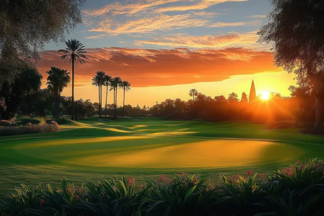 Sunset-lit golf fairway with lush green grass, palm trees, and flowers casting long shadows under an orange sky.