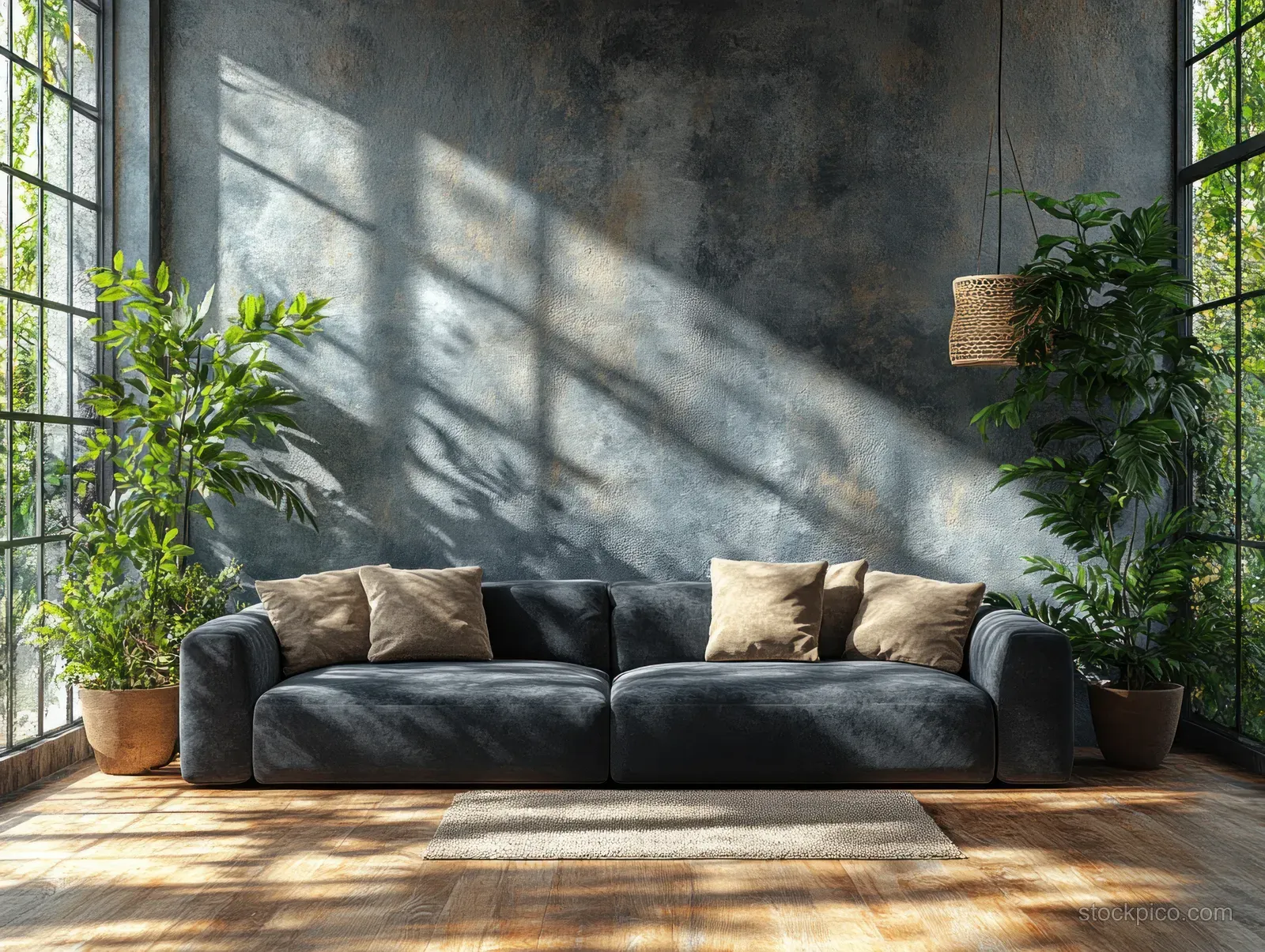 Dark gray sofa in a minimalist living room with sunlit wooden floor, plants, and textured concrete walls.