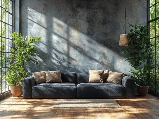 Dark gray sofa in a minimalist living room with sunlit wooden floor, plants, and textured concrete walls.