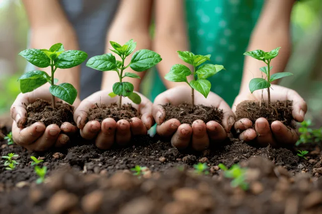 Diverse hands hold tiny seedlings in soil with green leaves sprouting on a garden bed.