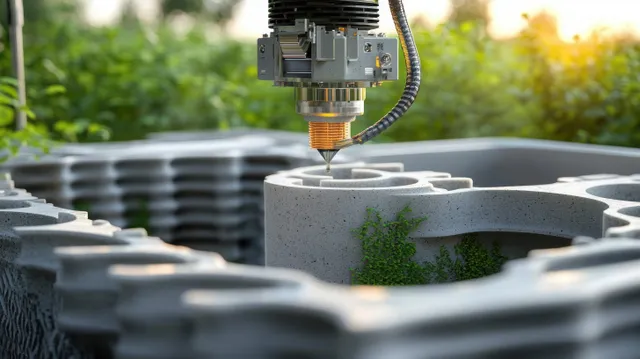 3D printer extruding concrete layer onto house wall section at outdoor construction site