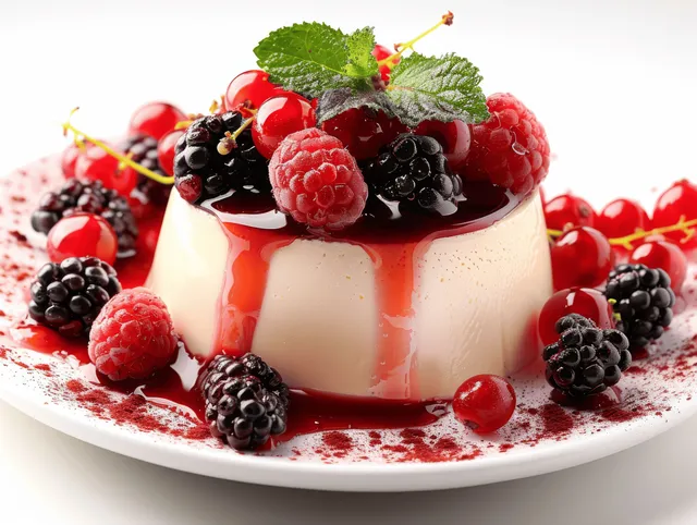 Berry panna cotta with red jelly and fresh berries on white plate, studio close-up