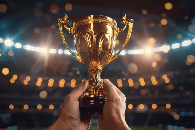 Champion’s hands raise a glowing golden trophy in a night stadium with blurred lights behind.