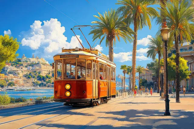 An orange vintage tram moves along a palm-lined Mediterranean promenade beside coastal buildings and blue sea.