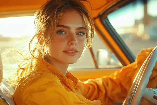 A nervous woman drives alone in her car, gripping the steering wheel while warm sunlight fills the interior.