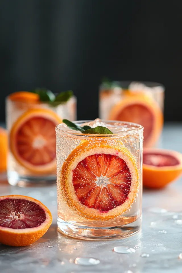 Iced blood orange drink in a glass with green leaf garnish and orange slices on a light surface.