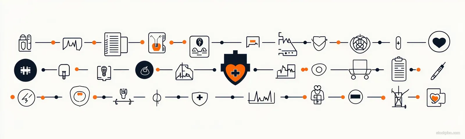 An abstract infographic displays connected medical and health icons with a heart pulse, reports, monitoring, and treatment symbols.
