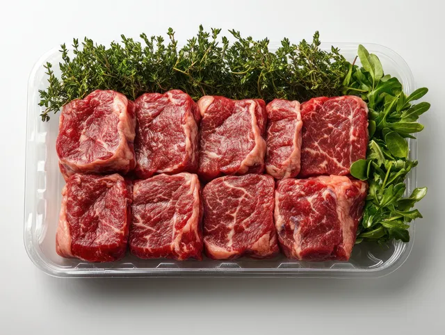 Overhead view of raw beef cubes in a clear plastic tray with visible marbling and fresh herbs.