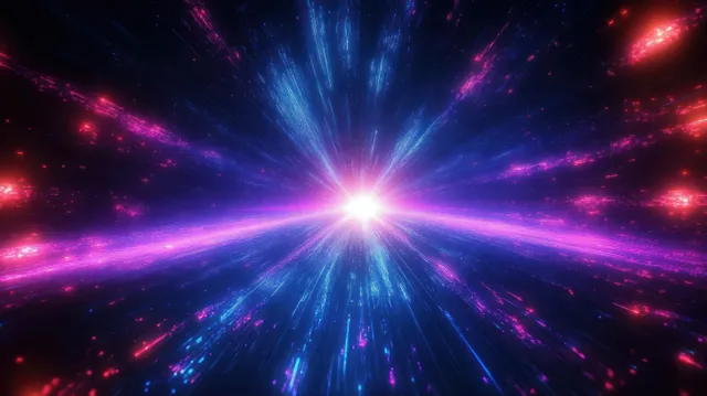 A glowing central light emits blue and purple rays with pink and red particles spreading into a cosmic space tunnel.