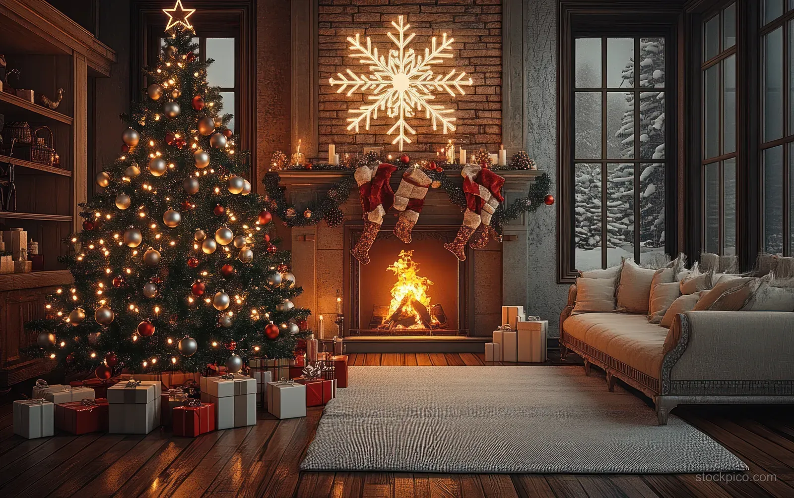 Christmas tree and stockings hang beside a glowing fireplace while wrapped gifts sit on the floor and snow shows through large windows.