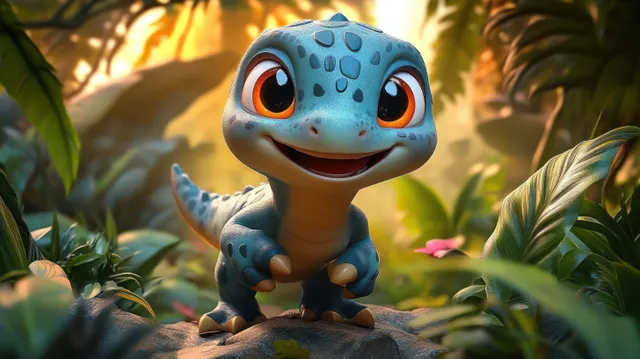 Cute blue cartoon dinosaur with big eyes standing on a rock in sunny jungle