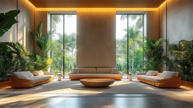 Sunlit tropical living room with wooden sofas, floor plants, and warm ceiling glow