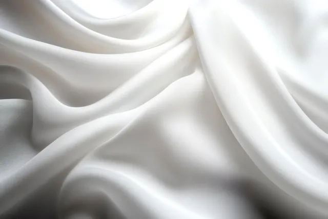 White satin fabric drapes across the frame with smooth folds and subtle gray ripple highlights.
