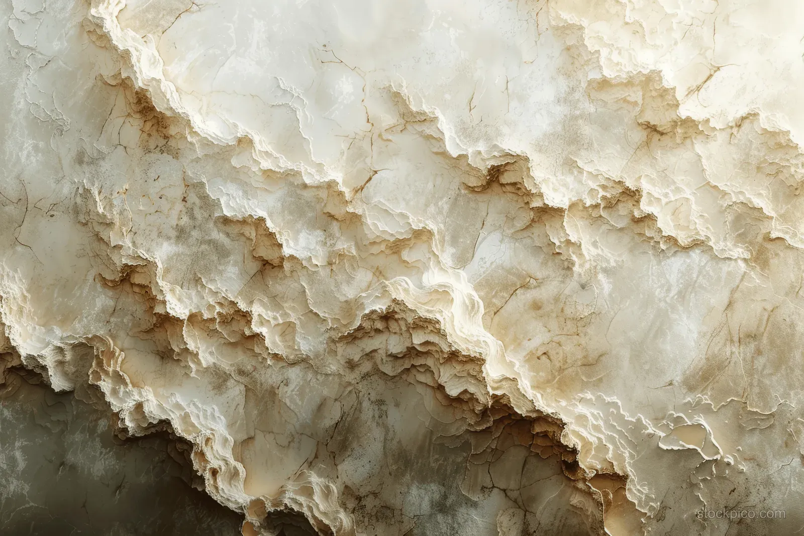 Close-up of a beige concrete wall with cracked plaster and peeling, layered weathered texture.