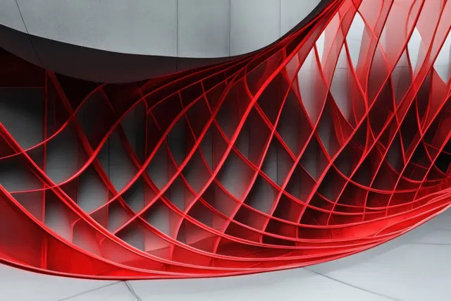 Red metal lattice forms a sweeping curve over a smooth gray concrete wall with intersecting geometric lines.