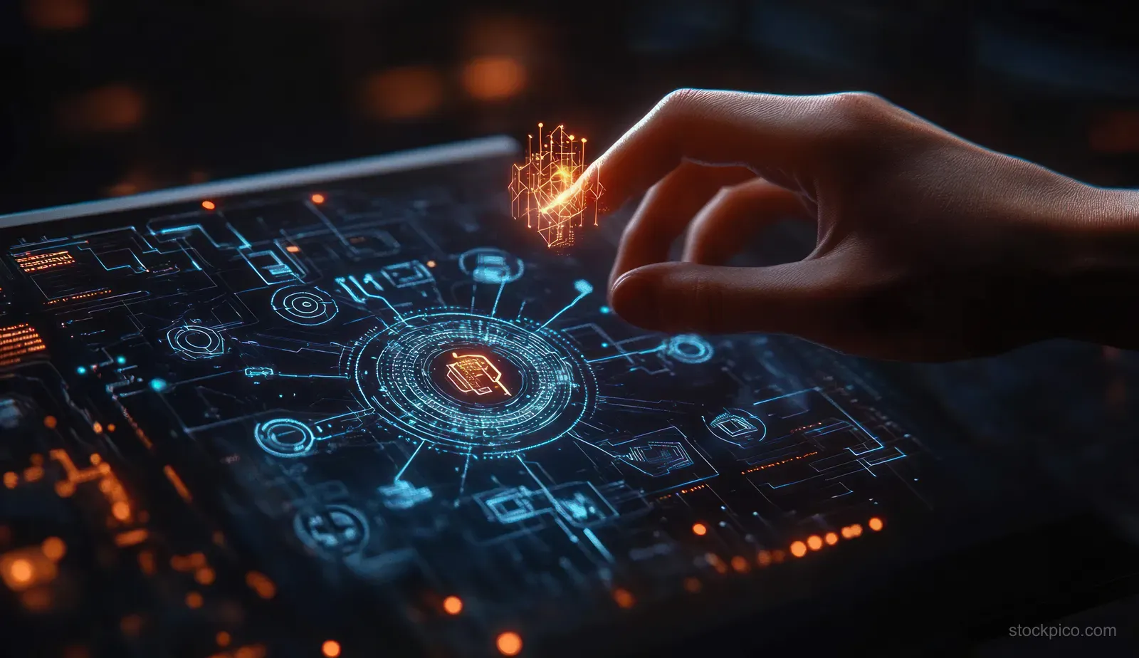 A hand touches a glowing futuristic data interface with circular blue and orange graphics.