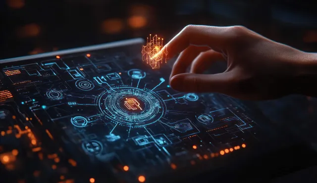 A hand touches a glowing futuristic data interface with circular blue and orange graphics.