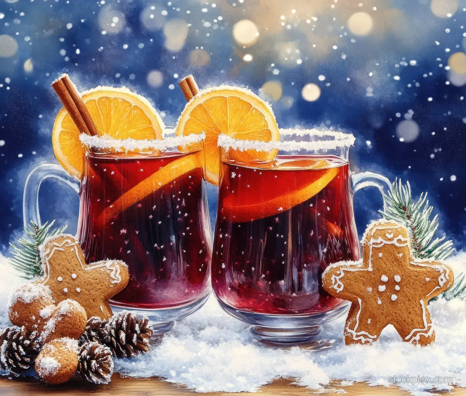 Two glasses of mulled wine with orange slices and cinnamon gingerbread stars sit on snow beneath falling snow and stars.