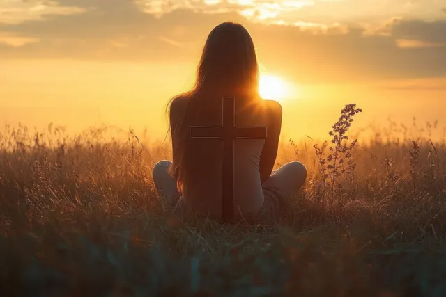 Silhouette of a woman praying with a wooden cross in a tall grass field at sunset.