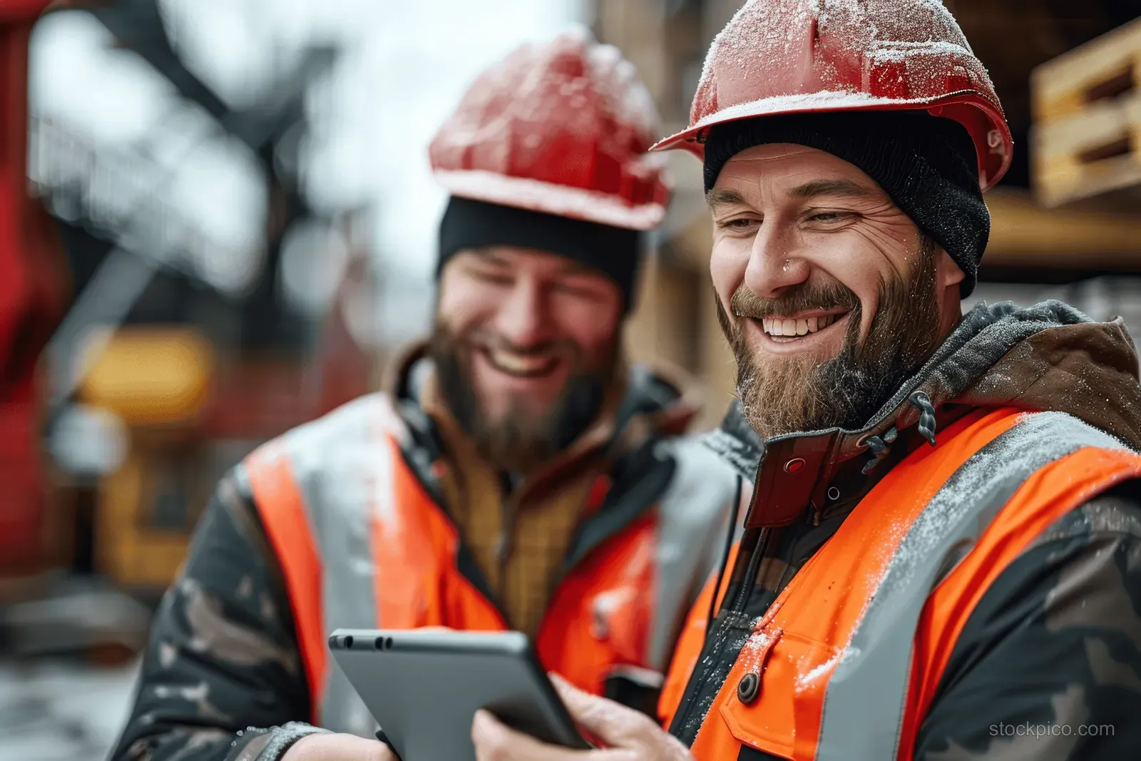 Construction workers in red helmets and orange vests consult a tablet while working outdoors in winter.