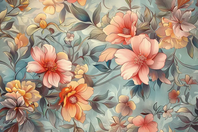 Seamless floral watercolor pattern with Art Nouveau leaves and blooming pink, peach, and cream flowers.