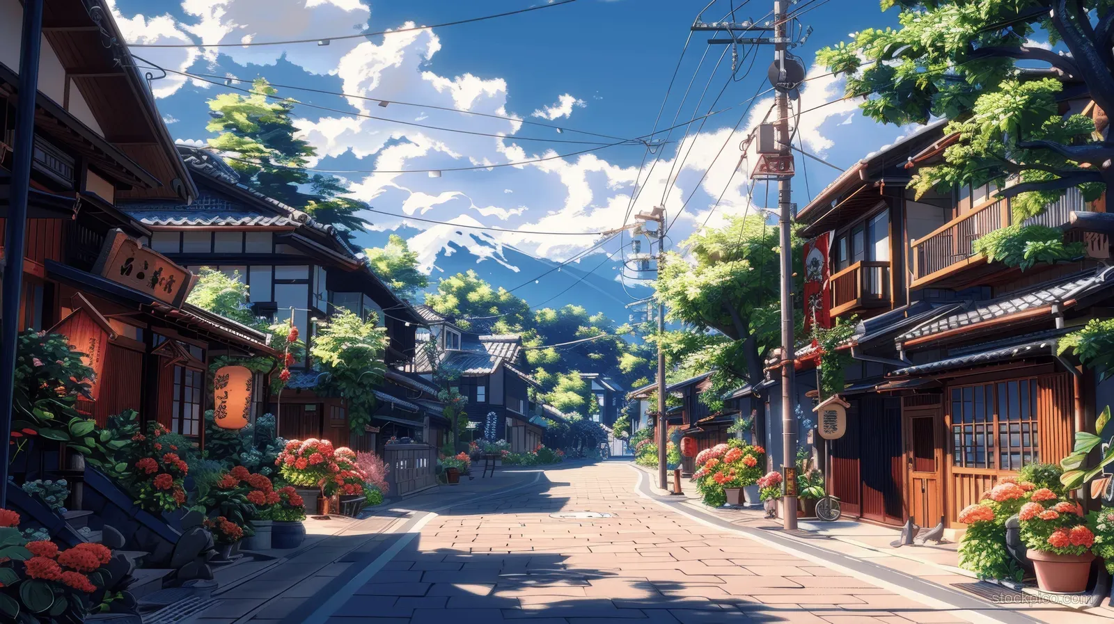 Sunny street in Japan with traditional wooden houses, hanging lanterns, and flower-filled storefronts.
