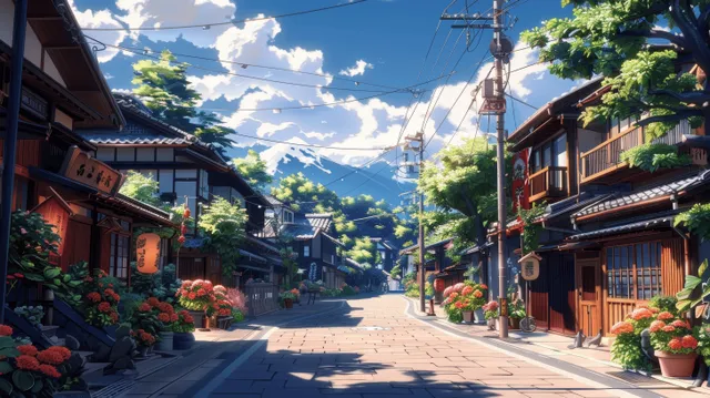 Sunny Japanese small-town street with traditional houses, lanterns, and hanging signs