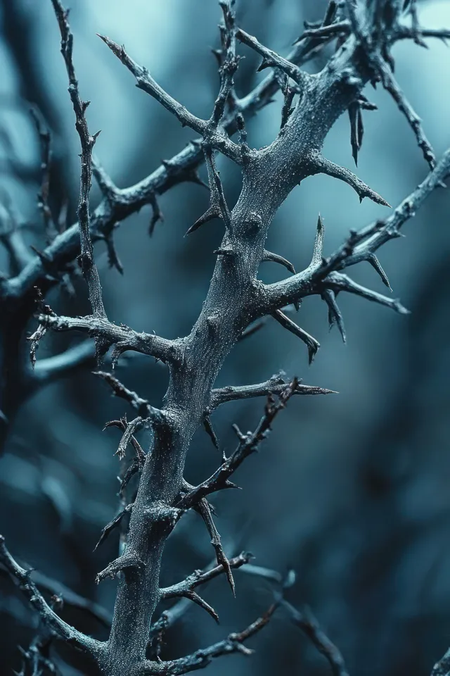 Frost-covered thorny branches with sharp spikes and icy texture against a dark blue winter background.
